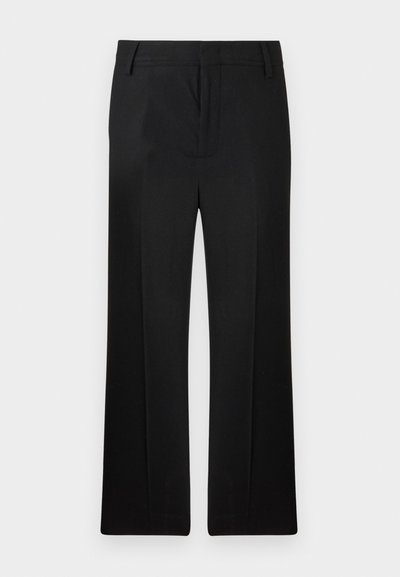Pantalons noirs, design à jambe droite, fabriqués en tissu lisse. Présente des plis avant subtils et une taille plate avec passants de ceinture.