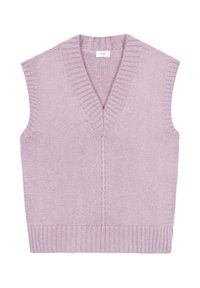 Gilet sans manches en tricot lilas avec un col en V, présentant des bords côtelés, une texture lisse et un détail de couture central.