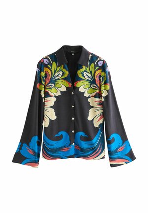 Chemise noire à boutons ornée de motifs floraux et de vagues colorés en vert, bleu, rouge et blanc. Fabriquée en tissu lisse avec un col.