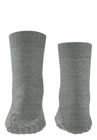 Graue gestrickte Socken mit gerippten Bündchen, ausgestattet mit strukturierten, rutschfesten Sohlen für besseren Halt. Das Material ist weich und elastisch, ausgelegt für maximalen Komfort.