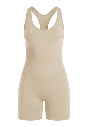 Beige nahtloser Ganzkörperanzug mit enganliegendem Design, gekennzeichnet durch einen Rundhalsausschnitt und doppelte Träger, die einen Racerback formen. Glatte Textur, elastisches Material.