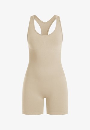 Beige nahtloser Ganzkörperanzug mit enganliegendem Design, gekennzeichnet durch einen Rundhalsausschnitt und doppelte Träger, die einen Racerback formen. Glatte Textur, elastisches Material.