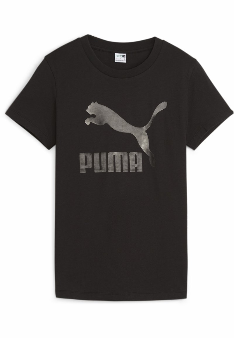 Čierne bavlnené tričko s veľkým šedým logom Puma s poskakujúcou mačkou a tučným textom nižšie, okrúhlym výstrihom a krátkymi rukávmi.