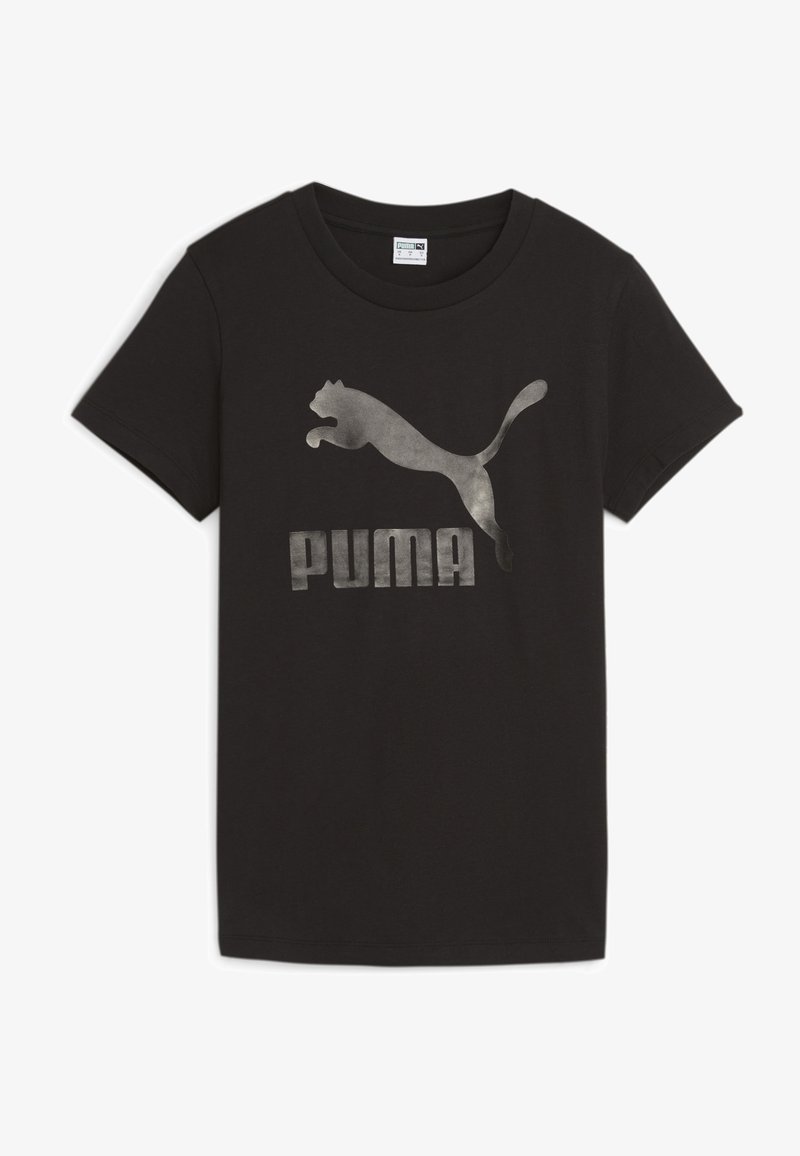 Czarna bawełniana koszulka z okrągłym dekoltem i krótkim rękawem, z dużym szarym logo Puma przedstawiającym skaczącego kota oraz wyraźnym napisem poniżej.