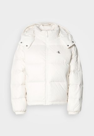 White puffer jacket with a zip closure, high collar, and an adjustable hood. Features are elastic cuffs and small logo on the chest.