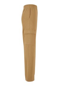 Khakifarbene Cargo-Shorts aus weichem Stoff, mit elastischem Bund, seitlichen Taschen und einer aufgesetzten Tasche am Bein. Gerades Bein Design.