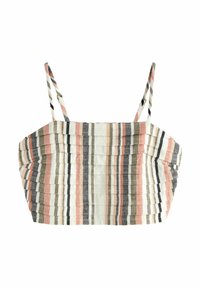 Gestreepte crop top met geplooid ontwerp, met roze, groene en witte strepen. Bevat dunne schouderbandjes en een gestructureerde silhouet.