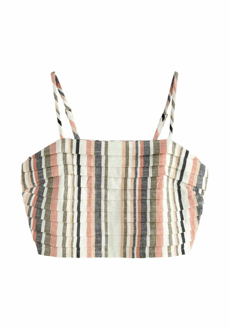 Gestreepte crop top met geplooid ontwerp, met roze, groene en witte strepen. Bevat dunne schouderbandjes en een gestructureerde silhouet.