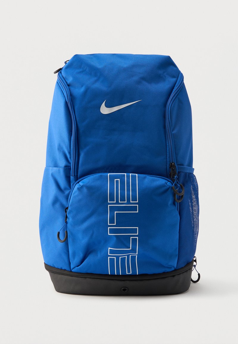 Μπλε σακίδιο Nike Elite με πολλαπλές θήκες με φερμουάρ, δίχτυ στην πλαϊνή τσέπη και μαύρη ενισχυμένη βάση.