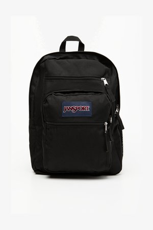 Black Jansport backpack with two front zippered pockets, padded back, and top carry handle. Made from durable fabric with logo patch.