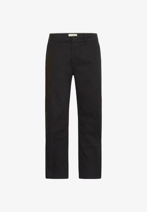 Black chinos with a smooth cotton fabric, straight-leg design, front pockets, and a single button closure. No visible patterns or accents.