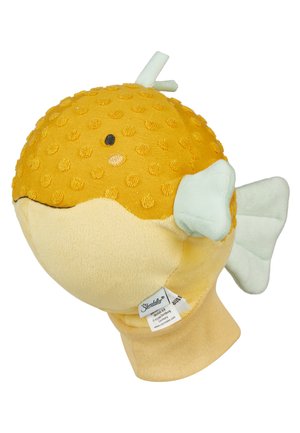 Soft plush yellow and cream fish puppet with textured dots, small black eye, light fins, and a wrist cuff.