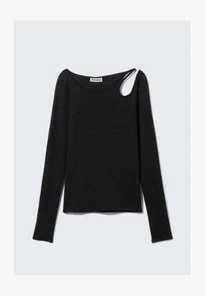 Černý top s dlouhým rukávem z měkké látky, s širokým výstřihem a detailem s průstřihem na jednom rameni. Minimalistický design s přiléhavým střihem.