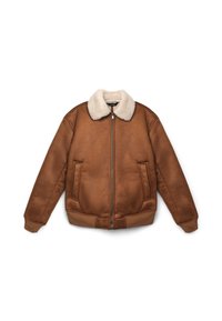 Giacca in finta pelle marrone con colletto in shearling bianco, chiusura con zip, due tasche laterali e polsini e orlo a costine. Texture liscia.