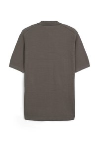 Kurzarm-Polohemd, dunkelgrau, strukturierter Stoff, klassischer Kragen, gerade Säume und gerippte Bündchen, minimale Details und Design.