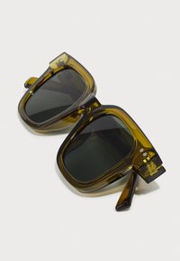Gafas de sol transparentes de color verde oliva con montura cuadrada, lentes oscuros y bisagras prominentes. Textura suave y diseño de gran tamaño.