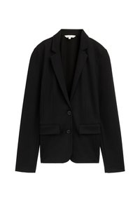 Black blazer made of smooth fabric, featuring a notched lapel, two front pockets, two buttons, and structured shoulders.