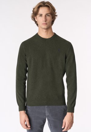 Maglione a maglia verde scuro con scollo rotondo, polsini a coste e un piccolo logo blu sul petto. Texture liscia, vestibilità regolare.