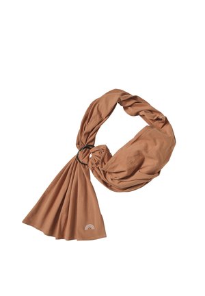 Light brown fabric ring scarf with a black ring and a small white rainbow design on one end.