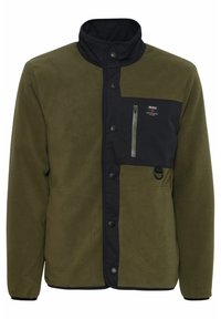 Olive green fleece jacket with black accents, high collar, zippered chest pocket, and snap-button closure. Textured fabric, casual design.