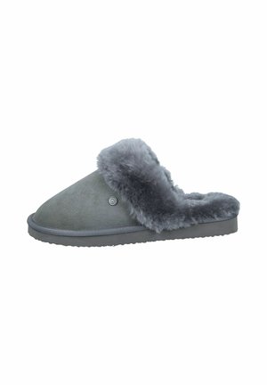 Graue Wildleder-Hausschuhe mit flauschigem grauem Kunstfellbesatz, im Slip-On-Design, abgerundete Spitze und strukturiertem Gummisohle für zusätzlichen Halt.