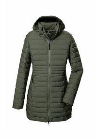 Olivengrüne isolierte Jacke mit durchgehendem Reißverschluss, gepolstertem Design und Kapuze. Verfügt über zwei Seitentaschen und einen leicht abgerundeten Saum für eine bessere Passform.