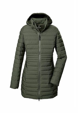 Olive green insulated jacket with a zip front, padded design, and a hood. Features two side pockets and a slightly curved hem for fit.