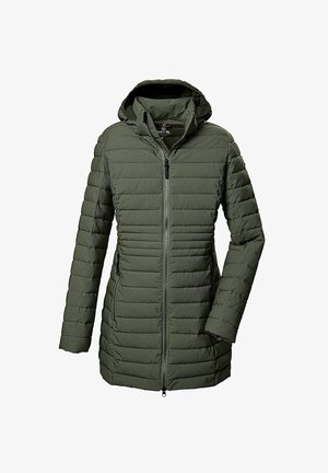 Olive green insulated jacket with a zip front, padded design, and a hood. Features two side pockets and a slightly curved hem for fit.