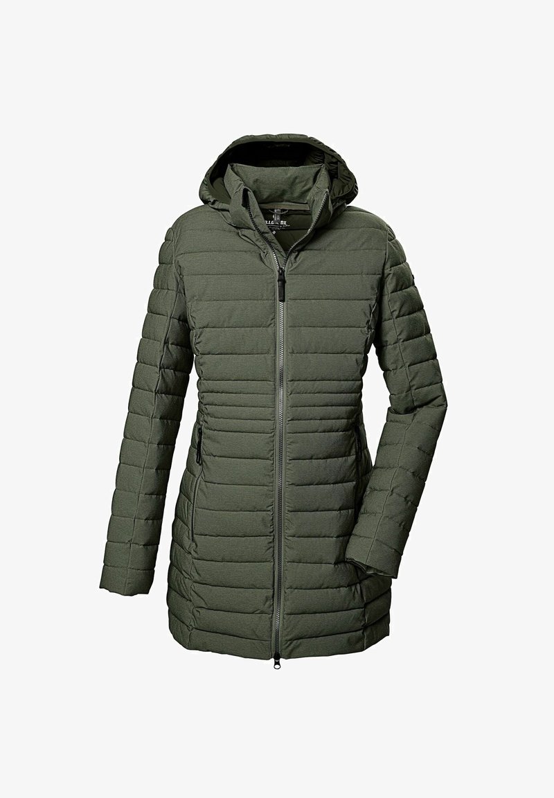 Olivengrüne isolierte Jacke mit durchgehendem Reißverschluss, gepolstertem Design und Kapuze. Verfügt über zwei Seitentaschen und einen leicht abgerundeten Saum für eine bessere Passform.