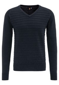 Tmavě modrý svetr s výstřihem do V, zdobený texturovanými horizontálními pruhy přes tělo a rukávy, s žebrovanými manžetami a spodním lemem pro těsné padnutí.