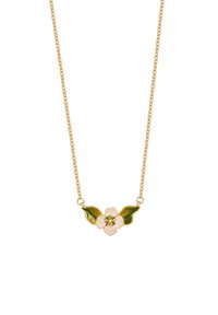Gold chain necklace featuring a central flower design with pink petals and green leaves, embellished with a small green stone at the center.