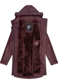 Burgundy waterproof jacket with a plush dark maroon interior, featuring a hood, front snaps, side pockets, and branded label inside.