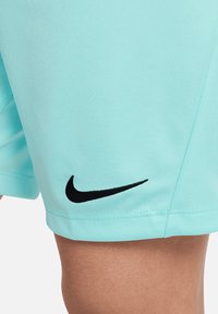 Lichtblauwe sportshorts van synthetisch materiaal. Heeft een zwart Nike-logo aan de onderzijde van de linkerkant, met gestikte zomen en een gladde textuur.