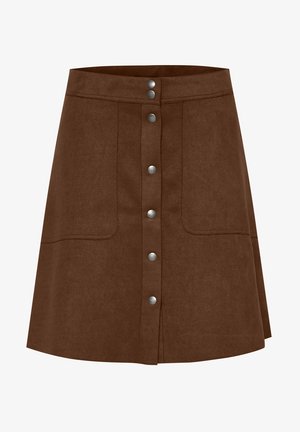 Pruuni sule nahast A-lõikega seelik, millel on nööpidega esiosa ja kaks küljetaskut, hõbedase tooni nööpide ja kergelt ülespoole kaarduva äärega.