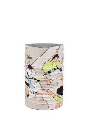 Seamless tube scarf featuring a colorful illustration of indoor rock climbers on a beige wall with the Buff logo.