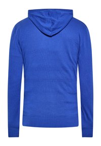 Felpa blu con una texture morbida, maniche lunghe e cappuccio classico. Motivo a maglia uniforme su tutta la superficie con orlo e polsini a costine.