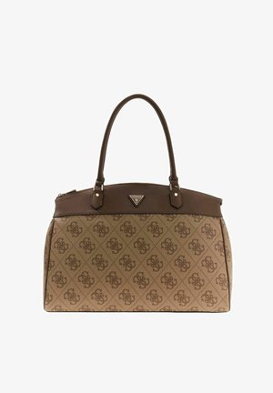 Sac à main marron avec un motif monogramme géométrique, design structuré, double poignée et plaque logo à l'avant. Dispose d'une fermeture éclair.