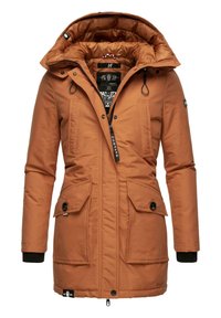 Brown padded parka jacket with a hood, featuring two front pockets, zip closure, and elastic cuffs. Material is smooth with a matte finish.