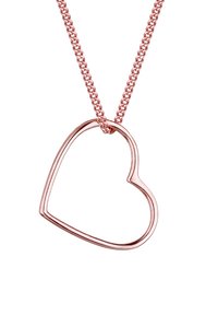 Rose gold hjertevedhæng på en kæde, med et åbent design, glatte kanter og en poleret overflade.