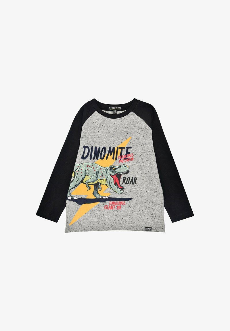 Long-sleeve gray t-shirt with black raglan sleeves. Features a colorful dinosaur graphic and text in bold fonts, set against a lightning bolt design.