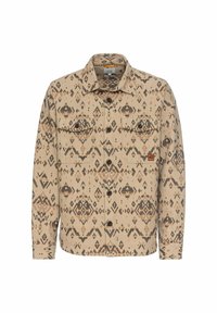 Beige flanellen overhemd met geometrische bruine patronen, voorzien van twee borstzakken, knoopsluiting en een klassiek kraagontwerp.