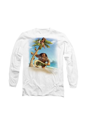 White long-sleeve shirt featuring colorful animated characters near a palm tree on a beach, with ocean and sky in the background.