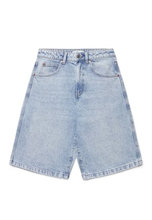 Light blue high-waist denim shorts with front button and zipper, belt loops, and five-pocket design laid flat on white background.