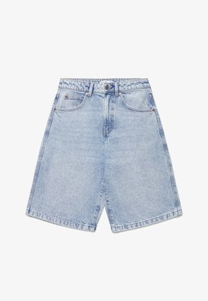 Light blue high-waist denim shorts with front button and zipper, belt loops, and five-pocket design laid flat on white background.