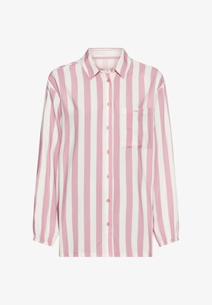 Langärmeliges Hemd mit Knopfleiste, vertikalen rosa-weißen Streifen und einer Brusttasche vor weißem Hintergrund.