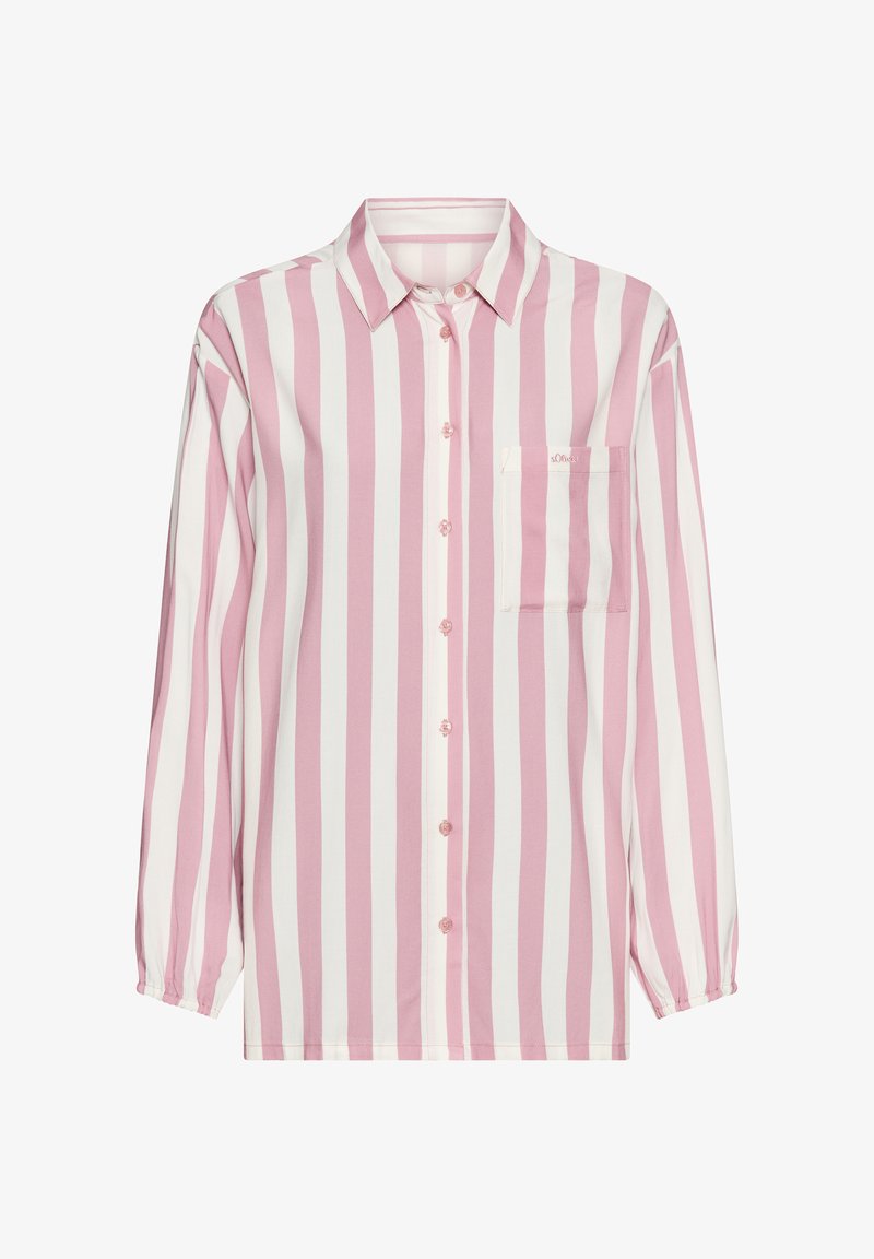 Camicia a maniche lunghe con bottoni, a righe verticali rosa e bianche e una tasca sul petto, su sfondo bianco.