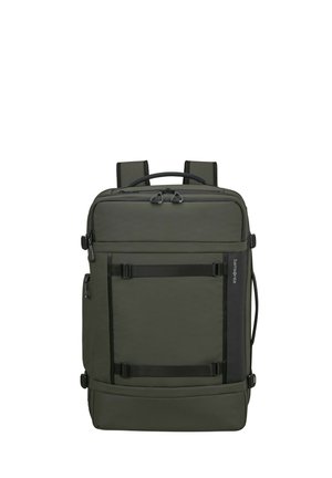 Dunkelgrüner rechteckiger Rucksack mit mehreren Reißverschlussfächern, schwarzen Trägern und Samsonite-Logo an der Seite.
