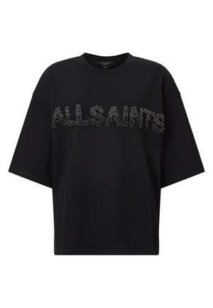 Schwarz oversized T-Shirt aus Baumwolle mit kurzen Ärmeln, das den Markennamen "ALLSAINTS" in strukturierter, mit Perlen verzierten Schrift auf der Vorderseite zeigt.