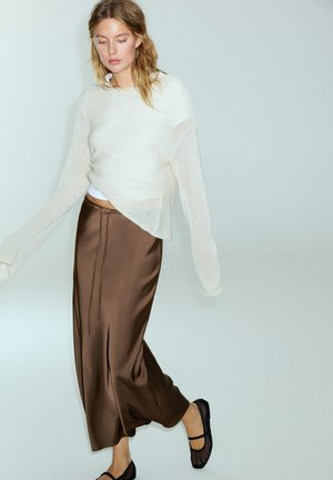 PULL&BEAR, SATIN WITH DRAWSTRING - MIDI SKIRT - A-line skirt - dark brown