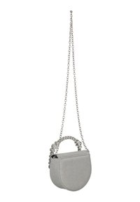 Sac à main pailleté argenté de forme ronde, avec une anse perlée et une bandoulière chaîne pour le porter. Texture lisse et design compact.